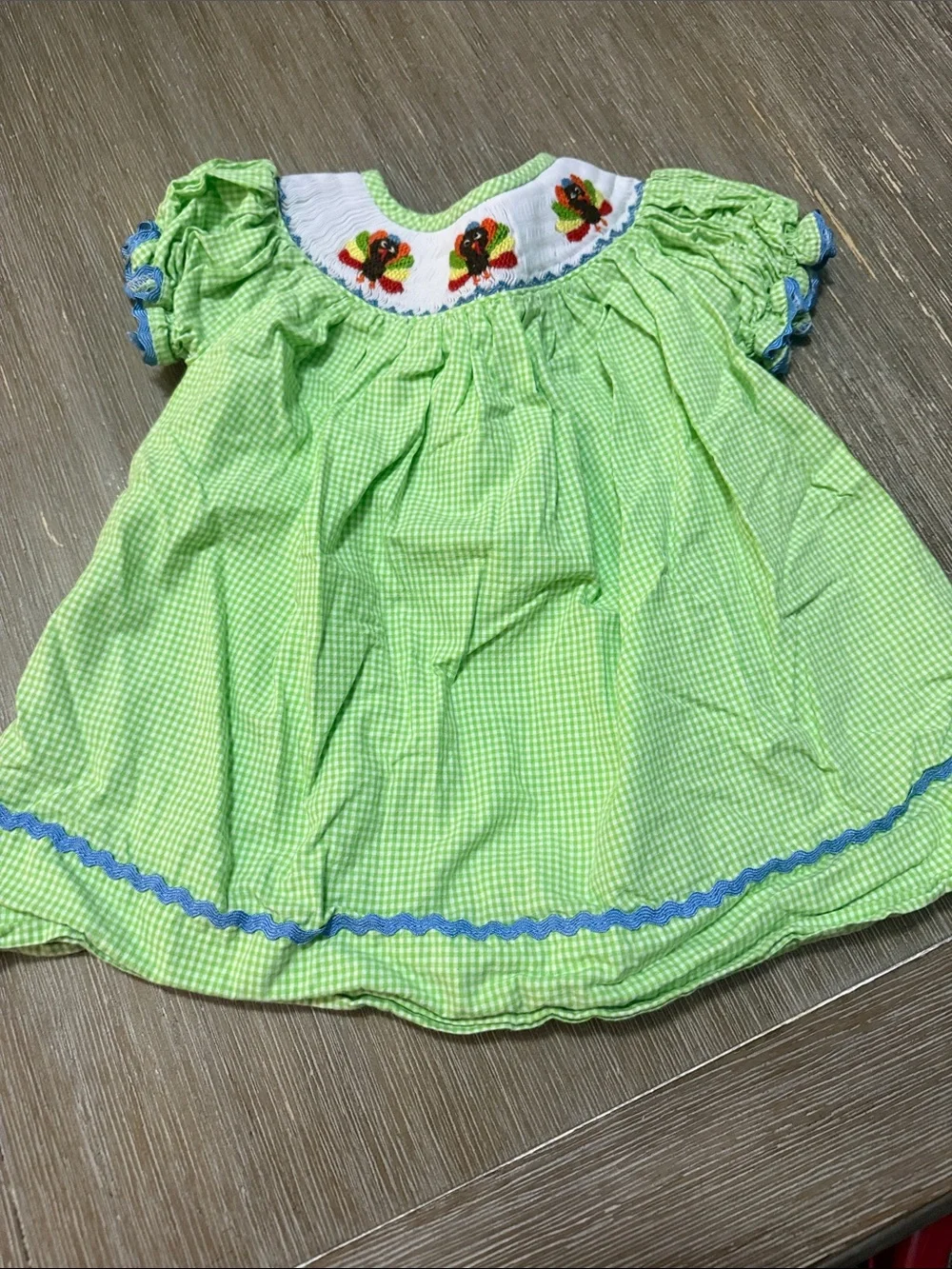 Smocked Green Gingham Kids Dress with Turkey Embroidery